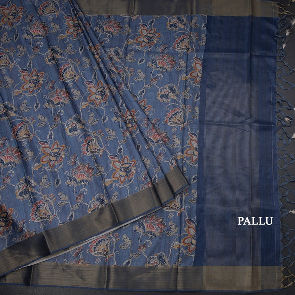 Semi Raw Silk Pigeon Blue Floral Printed Saree