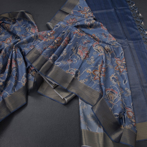 Semi Raw Silk Pigeon Blue Floral Printed Saree