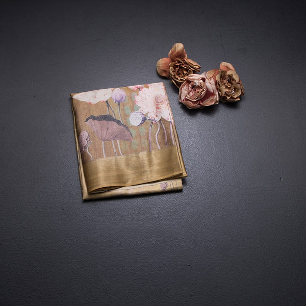 Semi Raw Silk Golden Yellow Floral Printed Saree