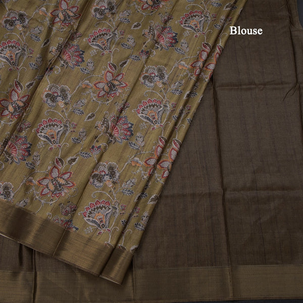 Semi Raw Silk Olive Green Floral Printed Saree 04