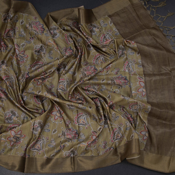 Semi Raw Silk Olive Green Floral Printed Saree 04