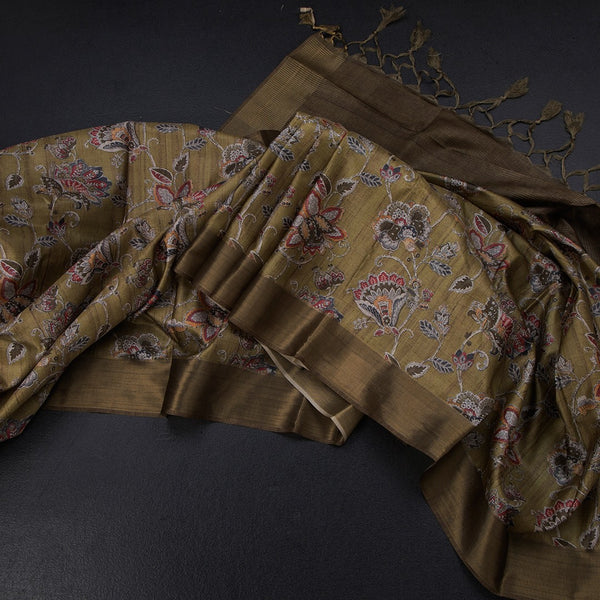 Semi Raw Silk Olive Green Floral Printed Saree 04