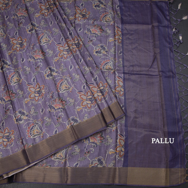 Semi Raw Silk Purple Floral Printed Saree