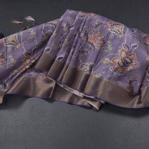 Semi Raw Silk Purple Floral Printed Saree