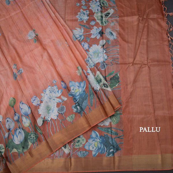 Semi Raw Silk Tangerine Orange Floral Printed Saree