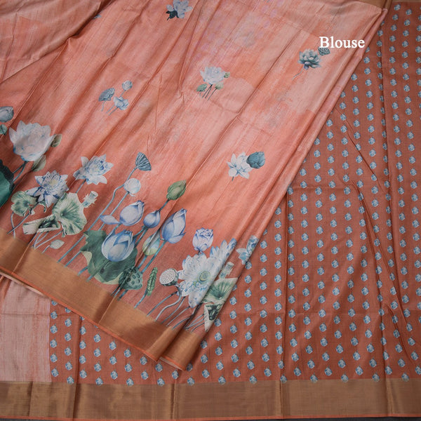 Semi Raw Silk Tangerine Orange Floral Printed Saree