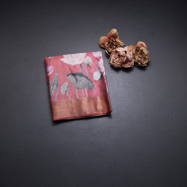 Semi Raw Silk Reddish Pink Floral Printed Saree