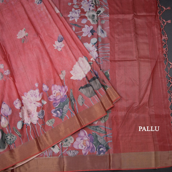 Semi Raw Silk Reddish Pink Floral Printed Saree