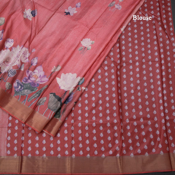 Semi Raw Silk Reddish Pink Floral Printed Saree