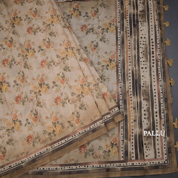 Semi Linen Mustard Floral Printed Saree