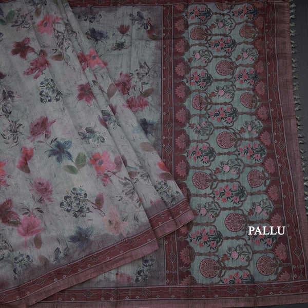 Semi Linen Grey Floral Printed Saree 06