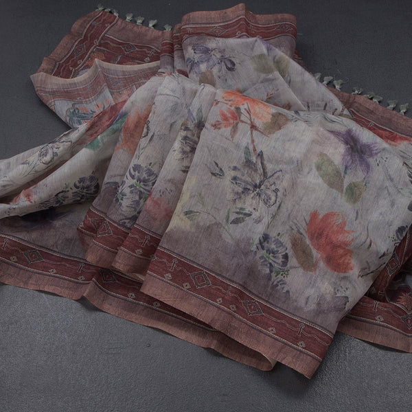 Semi Linen Grey Floral Printed Saree 06