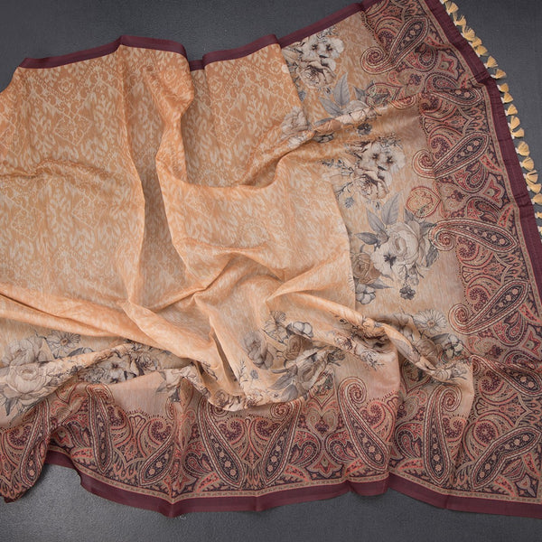 Semi Linen Light Yellow Floral Printed Saree With Paisley Design