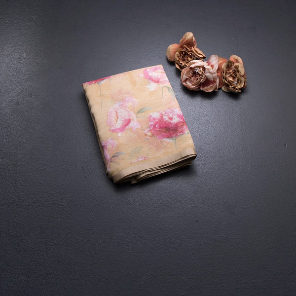 Semi Linen Creamy Yellow Floral Printed Saree