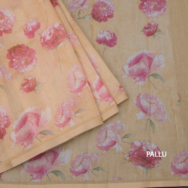 Semi Linen Creamy Yellow Floral Printed Saree