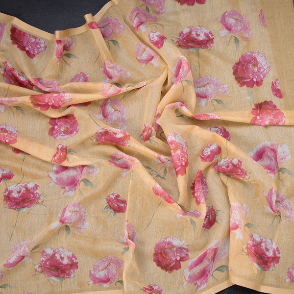 Semi Linen Creamy Yellow Floral Printed Saree