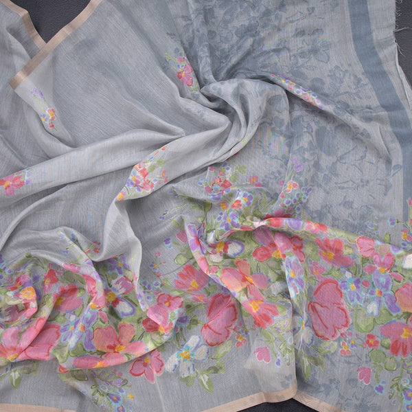 Semi Linen Light Grey Floral Printed Saree
