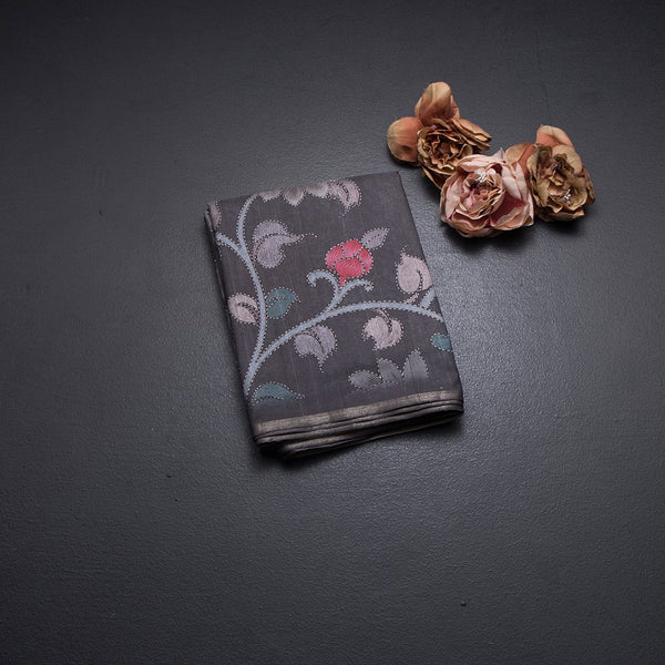 Semi Raw Silk Dark Grey Printed Saree With Floral Creeper Design