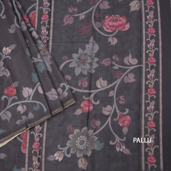 Semi Raw Silk Dark Grey Printed Saree With Floral Creeper Design