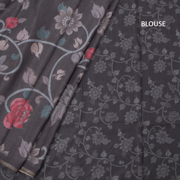 Semi Raw Silk Dark Grey Printed Saree With Floral Creeper Design