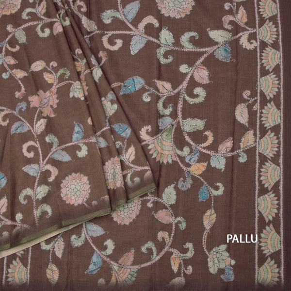 Semi Raw Silk Brown Printed Saree With Floral Creeper Design