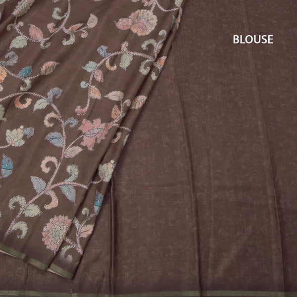 Semi Raw Silk Brown Printed Saree With Floral Creeper Design