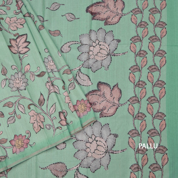 Semi Raw Silk Mint Green Printed Saree With Floral Creeper Design