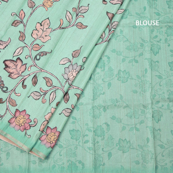 Semi Raw Silk Mint Green Printed Saree With Floral Creeper Design