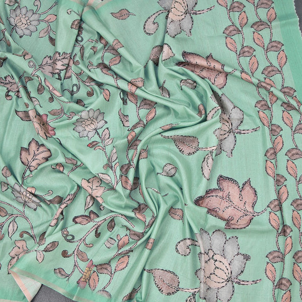 Semi Raw Silk Mint Green Printed Saree With Floral Creeper Design