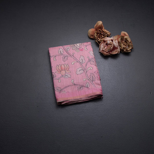 Semi Raw Silk Pink Printed Saree With Floral Creeper Design