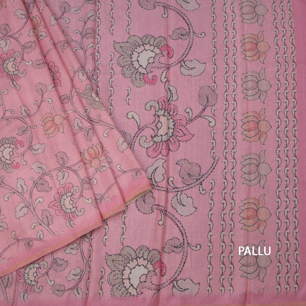 Semi Raw Silk Pink Printed Saree With Floral Creeper Design