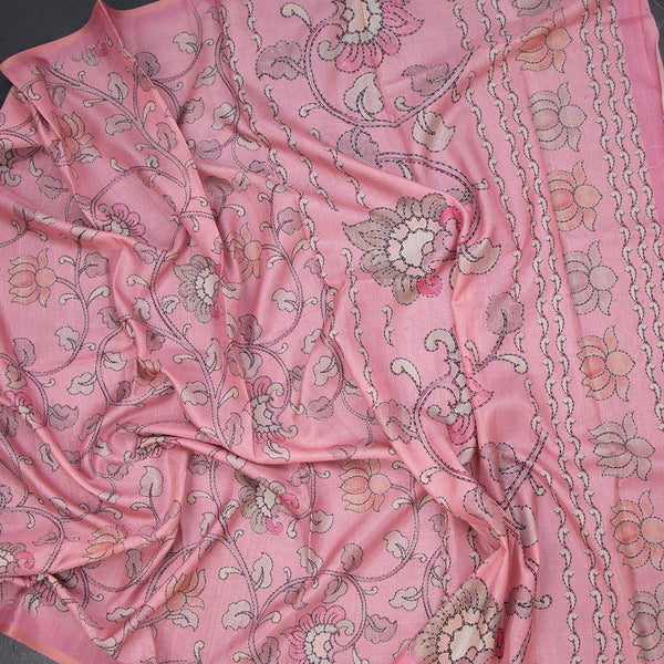 Semi Raw Silk Pink Printed Saree With Floral Creeper Design
