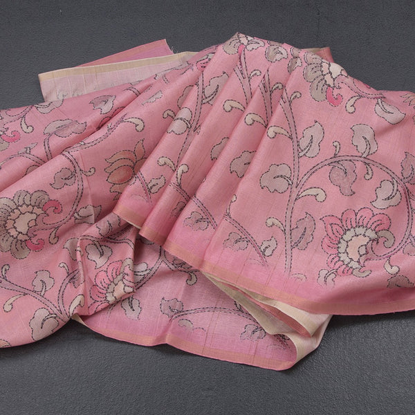 Semi Raw Silk Pink Printed Saree With Floral Creeper Design