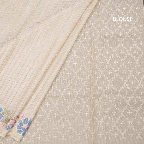 Raw Silk Cream Saree With Zari Stripes And Thread Border 02