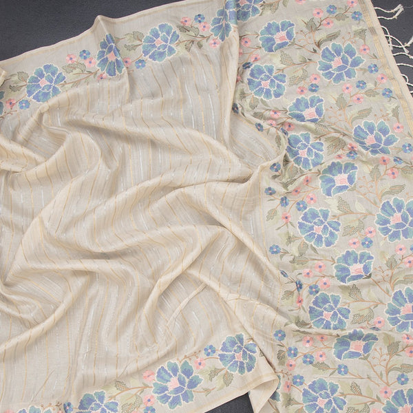Raw Silk Cream Saree With Zari Stripes And Thread Border 02