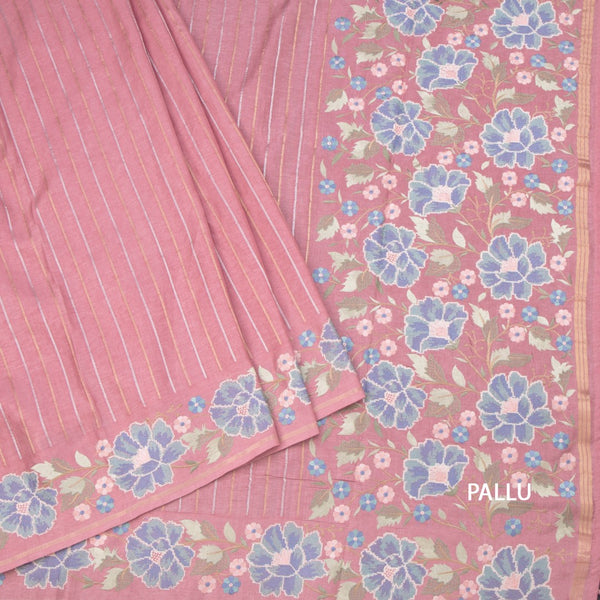 Raw Silk Pink Saree With Zari Stripes And Thread Border