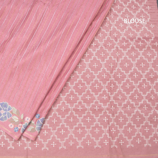 Raw Silk Pink Saree With Zari Stripes And Thread Border