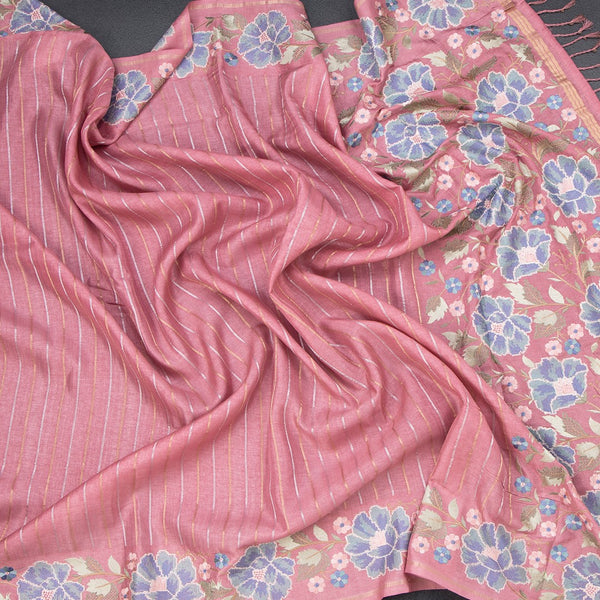 Raw Silk Pink Saree With Zari Stripes And Thread Border