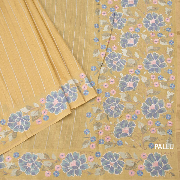 Raw Silk Pastel Yellow Saree With Zari Stripes And Thread Border