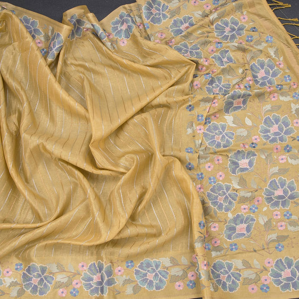 Raw Silk Pastel Yellow Saree With Zari Stripes And Thread Border