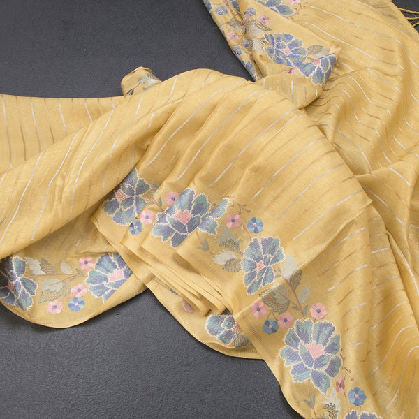 Raw Silk Pastel Yellow Saree With Zari Stripes And Thread Border