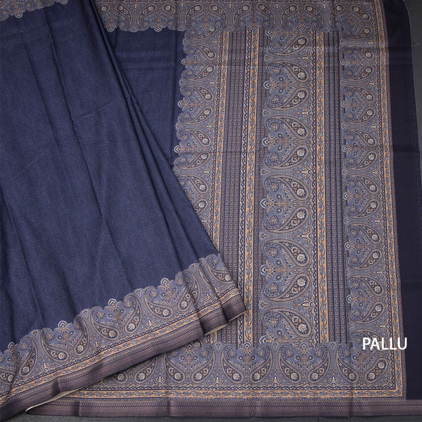 Semi Raw Silk Navy Blue Plain Saree With Printed Paisley Design