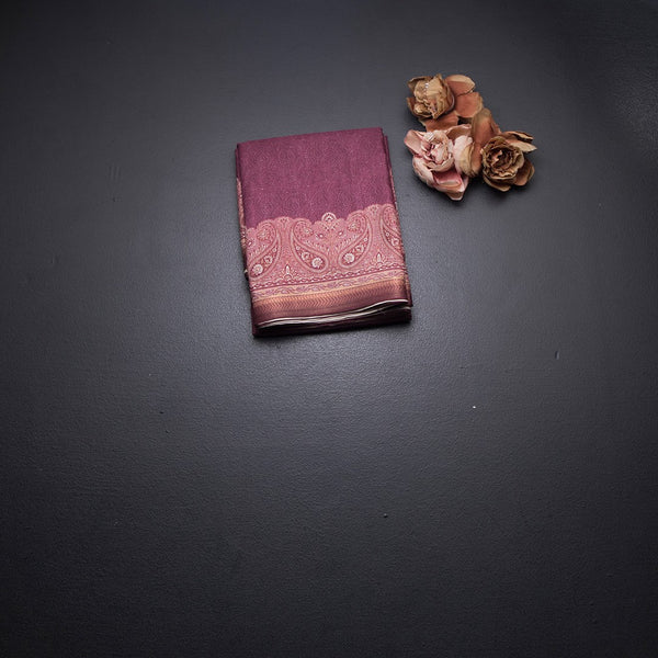 Semi Raw Silk Maroon Plain Saree With Printed Paisley Design