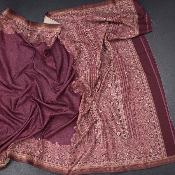 Semi Raw Silk Maroon Plain Saree With Printed Paisley Design