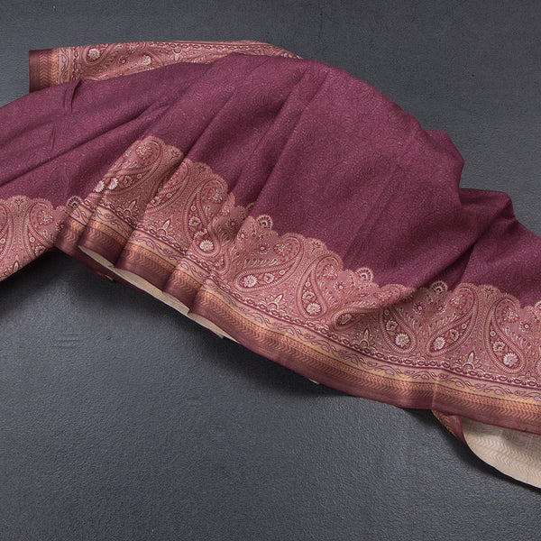 Semi Raw Silk Maroon Plain Saree With Printed Paisley Design