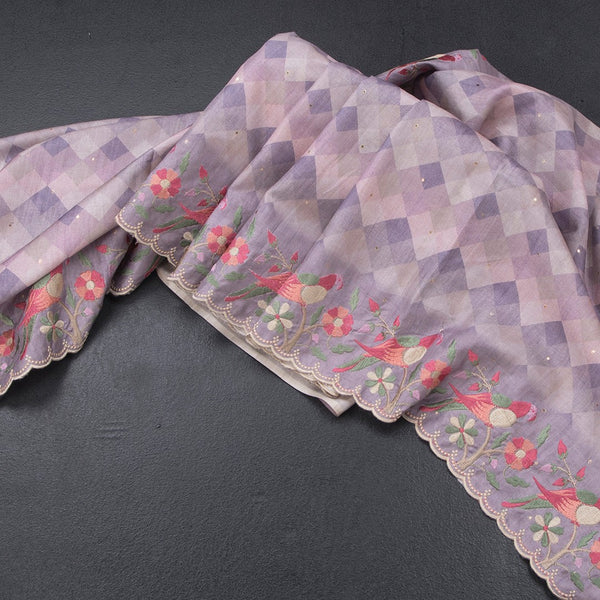 Raw Silk Lavender Printed Saree With Thread Border