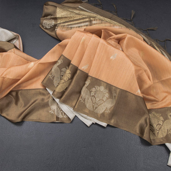 Tussar Peach Saree With Zari Buttas And Peacock Border