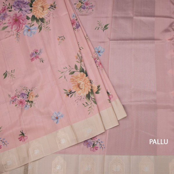 Satin Silk Peach Floral Printed Saree