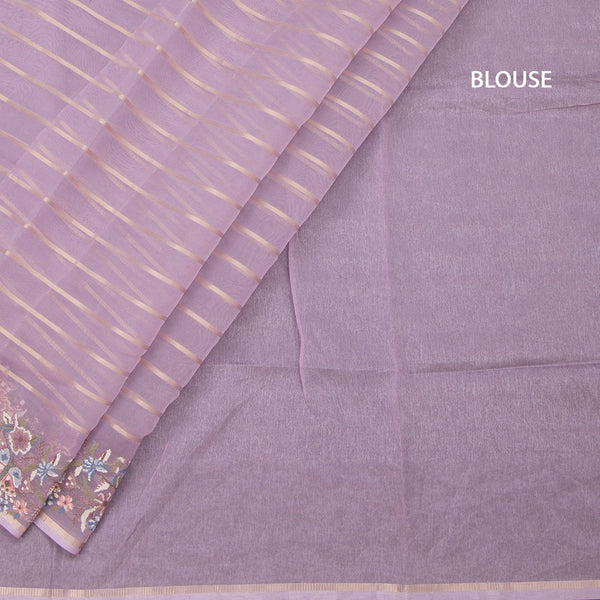 Organza Lavender Zari Stripes Saree With Thread Border