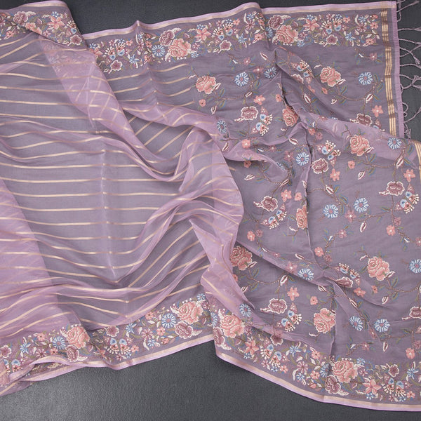 Organza Lavender Zari Stripes Saree With Thread Border